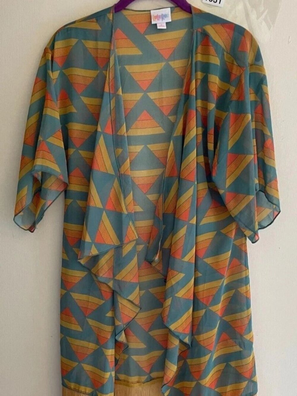 LuLaRoe Monroe Small Kimono Womens Teal Orange Mustard Geometric Sheer Fringe